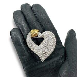 VTG‎ Swarovski Heart Brooch Retired 90s Signed Swan Logo Pavé Crystal Gold Rope